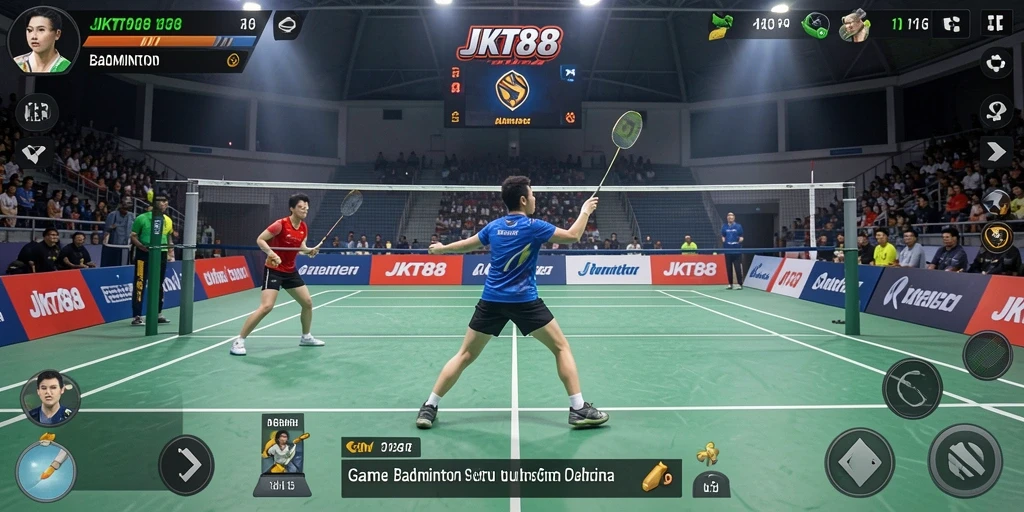 Antarmuka permainan JKT88 dengan grafis Badminton yang menarik.