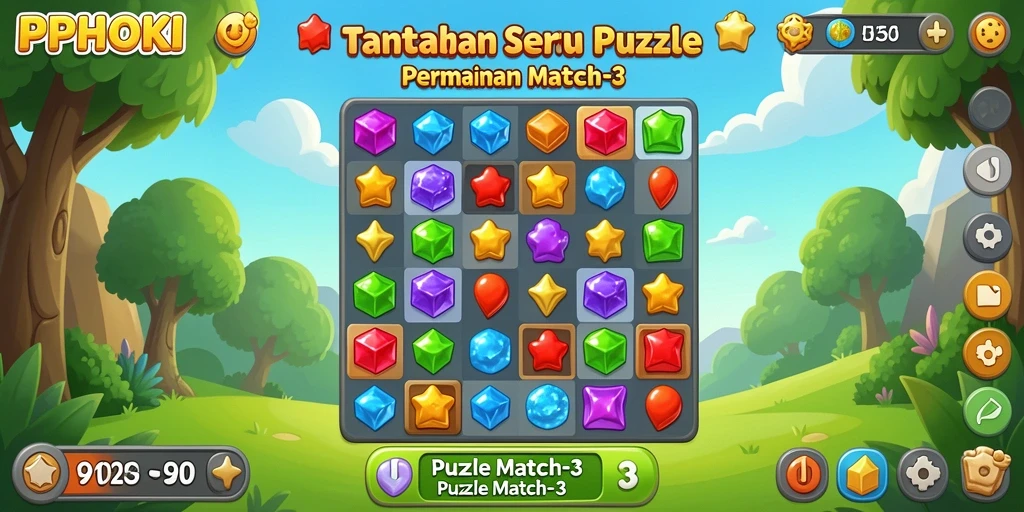 Tampilan antarmuka PPHOKI yang menarik dan interaktif saat bermain Puzzle Match-3.